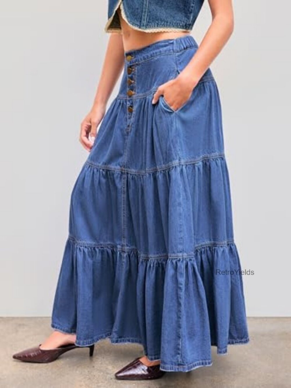 High Waisted Denim Maxi Skirt with Pockets - Picture 3 of 7